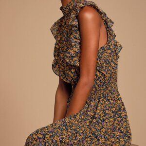 Lulus Evalina Mustard Yellow Floral Print Mock Neck Midi Dress - Size S